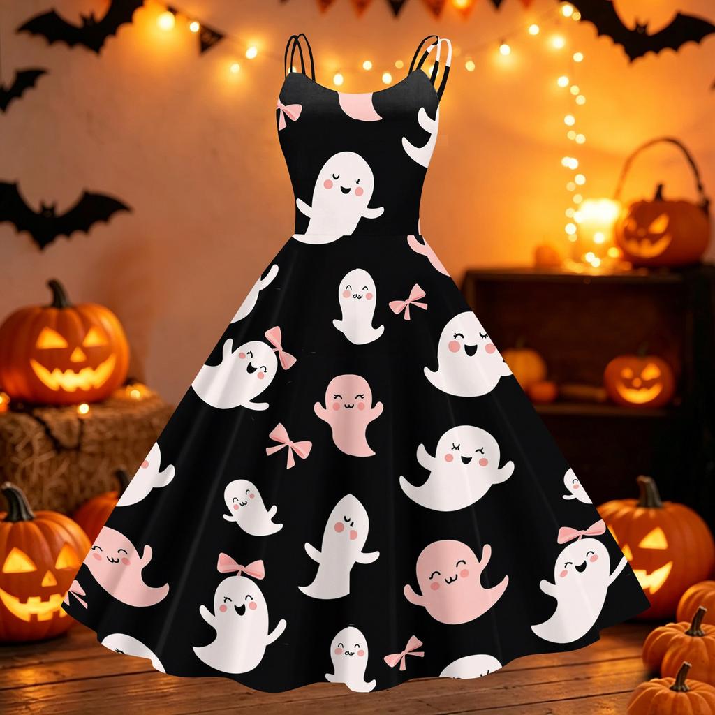 Women's Halloween Print Off Shoulder Dress Vintage Punk Style A Line Midi Dress with Flared Skirt and Adjustable Straps for Party