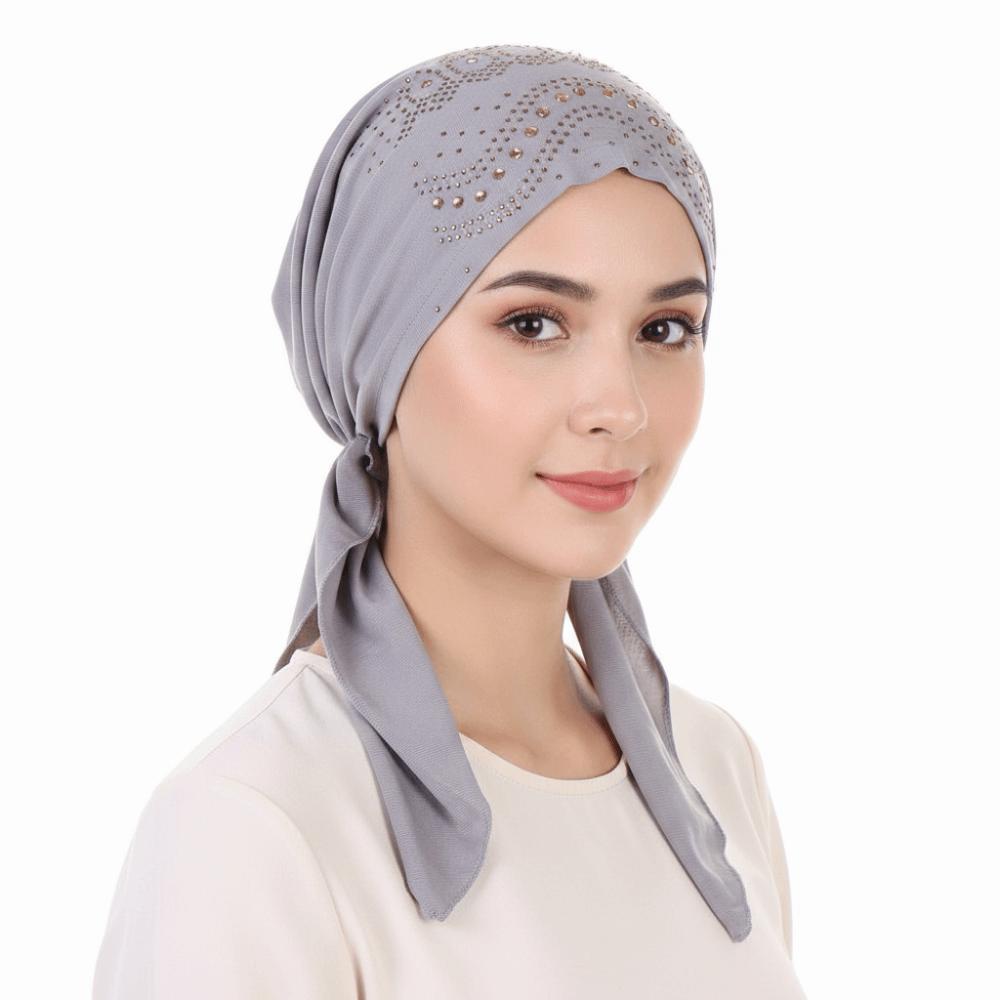Solid Color Muslim Headscarf Hat Thin Summer Rhinestone Hijab Caps Ramadan