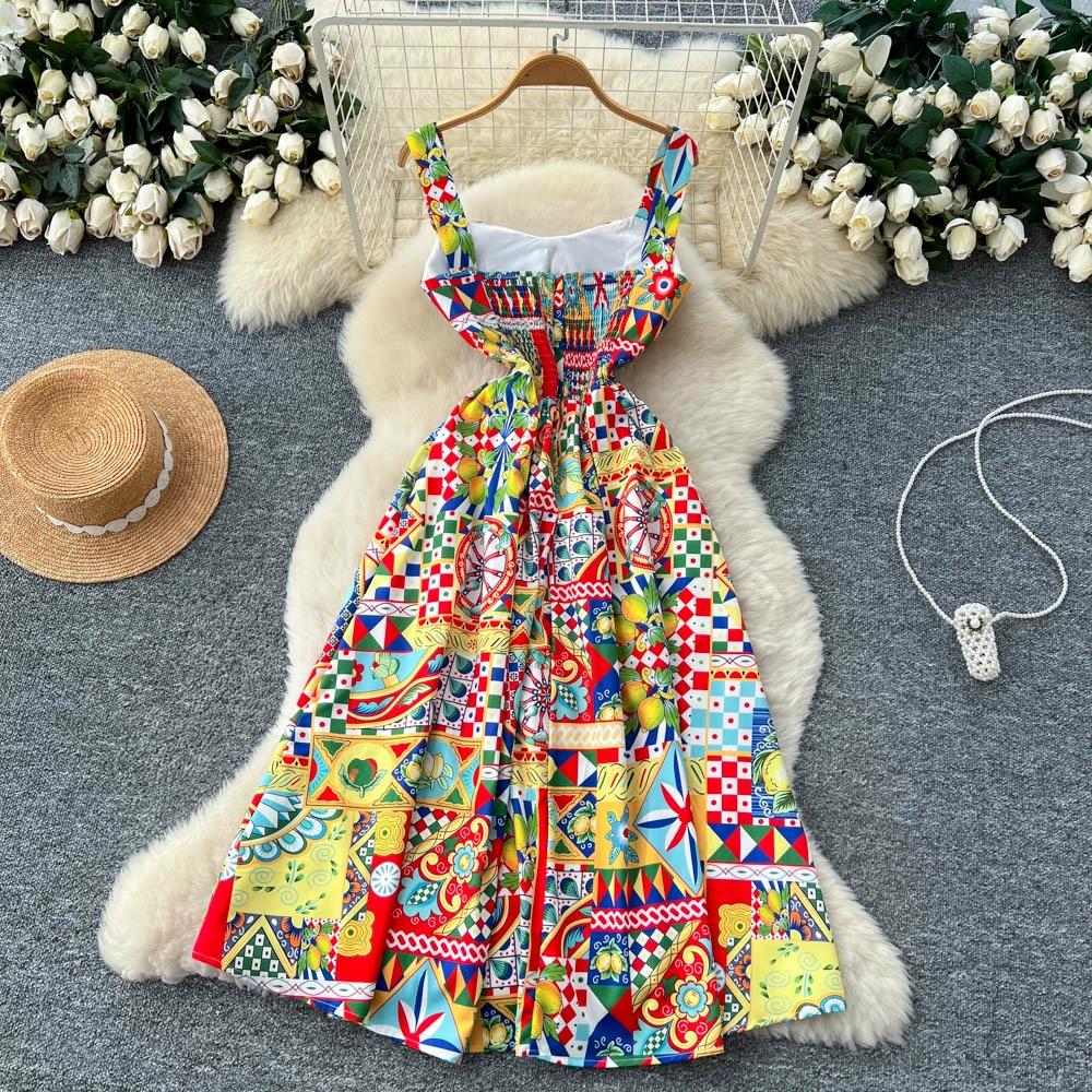 Summer Women Vintage Baroque Print Designer Runway Dress Spaghetti Strap Long Midi Party Dresses
