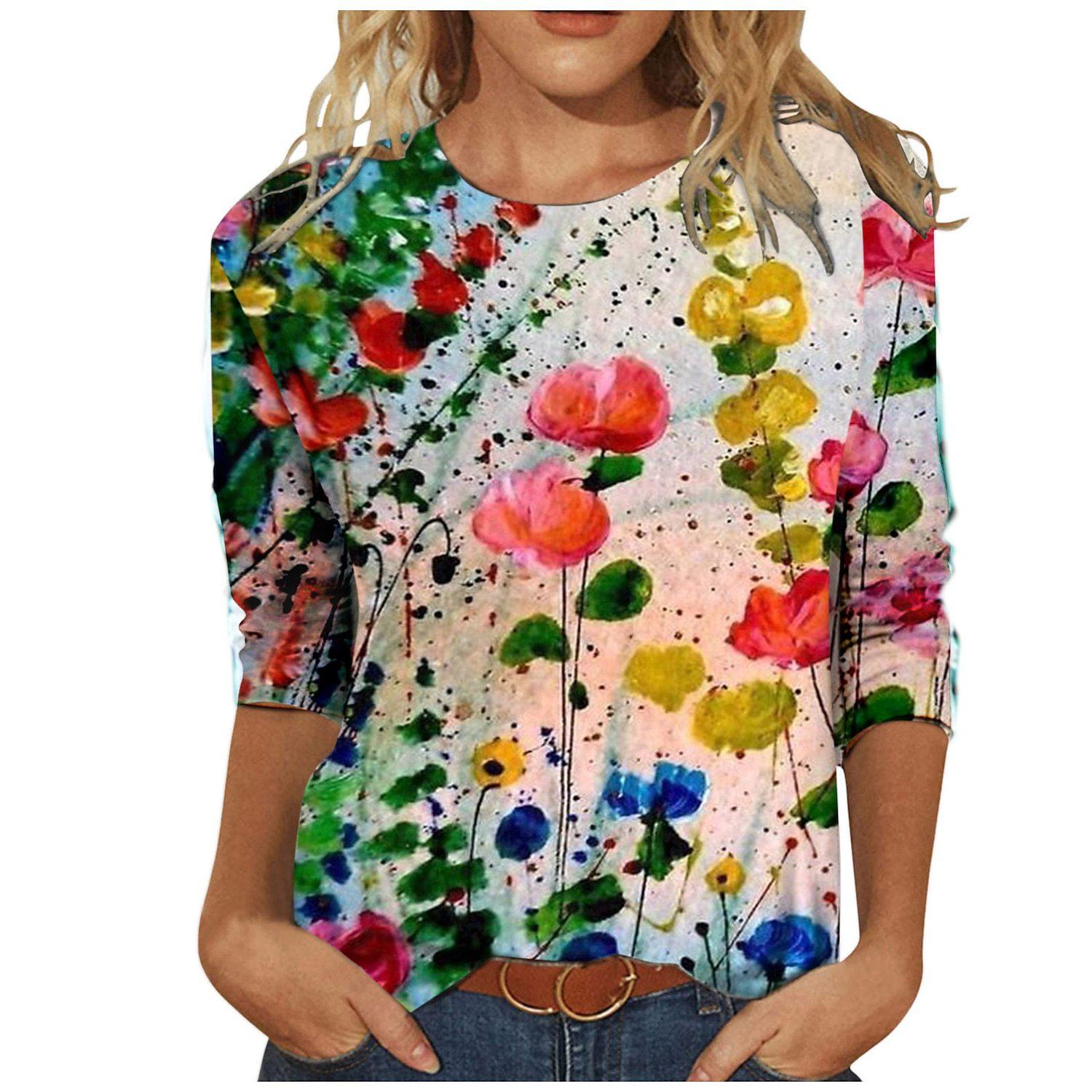 

Женские футболки с длинным рукавом, повседневные, с 3D цветочным и бабочковым принтом - Мягкая ткань из полиэстера средней эластичности, Весенне-осенняя одежда свободного кроя 5XL