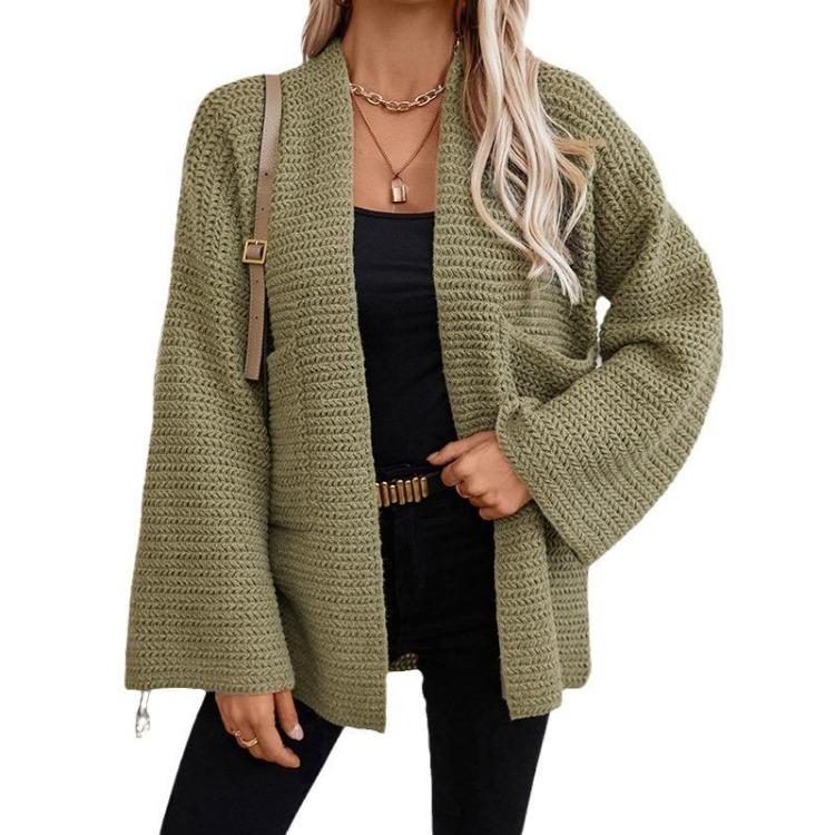 Vintage Herbst Winter Strickwaren Lockerer V-Ausschnitt Pullover Langarm Einfarbig Cardigan Oberteil
