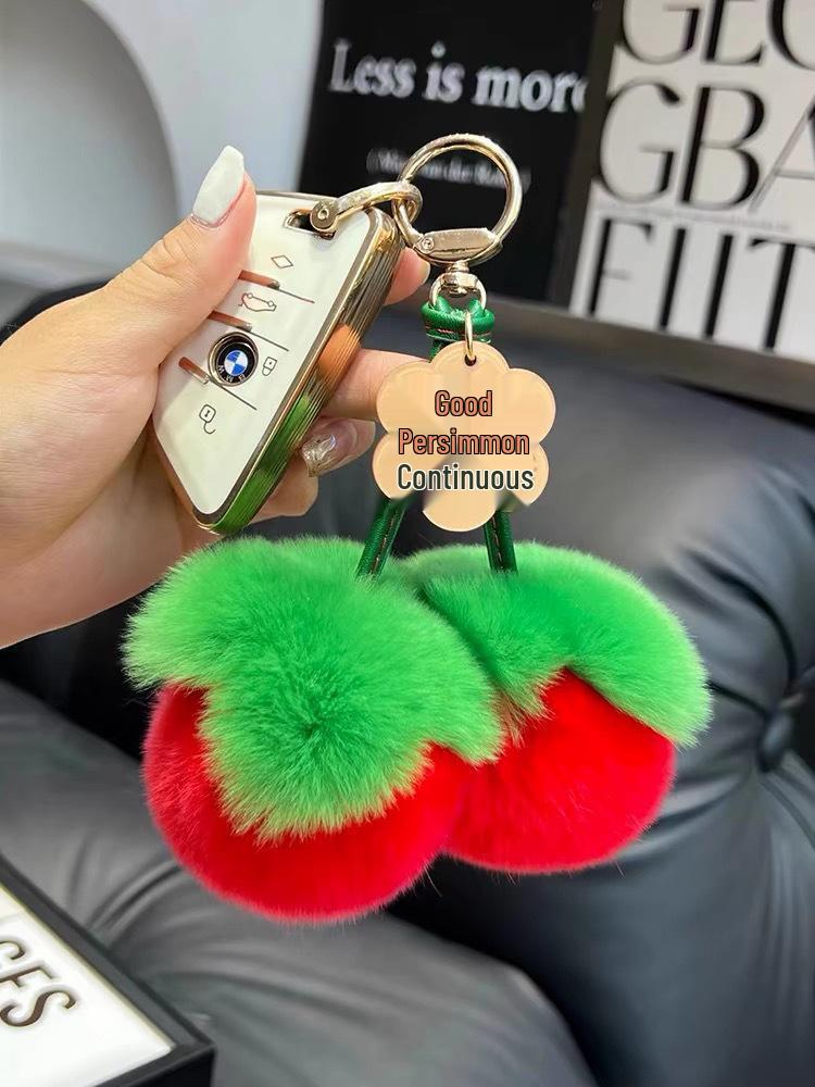 Imitation Rex Rabbit Fur Persimmon Bag Charms & Car Keyring Pendent - Cute Good Luck Accessory