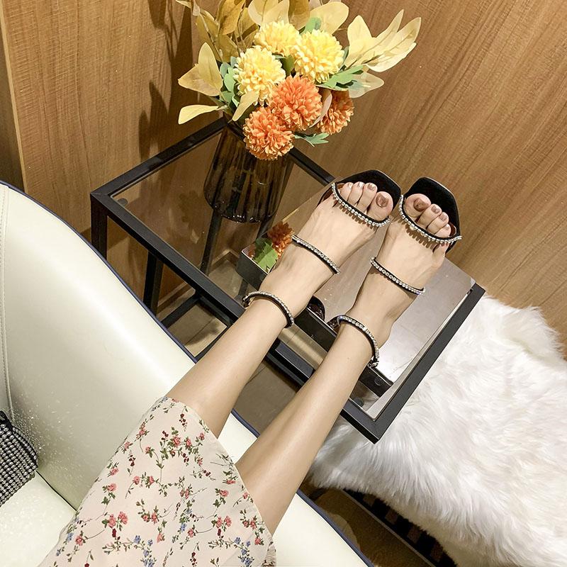 Dámské sandály s jedním páskem, nové pohádkové módní univerzální boty s čtvercovou špičkou a kamínky na vysokých podpatcích s otevřenou špičkou