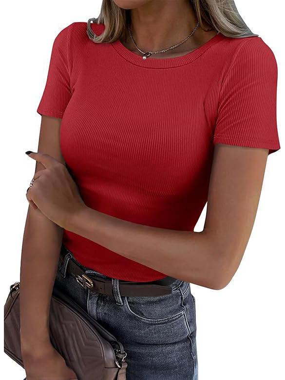 Women's Summer Ribbed Short Sleeve Stretchy Slim Fit Round Neck T-shirt