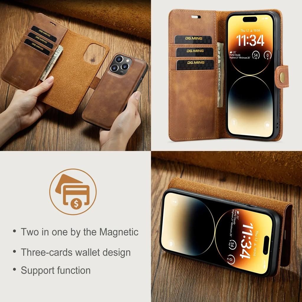 DG.Ming para IPhone 17 16 Pro Max 15 14Plus 12 11 13Mini Lujosa Funda tipo Cartera de 2 Plegados Funda con Tapa Magnética de Cuero Desmontable
