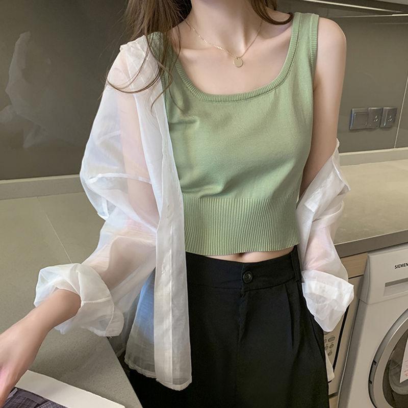 Women's Spring Summer Ice Silk Knit Camisole - Slimming Sleeveless Inner Base Layer with Beautiful Back Design.
