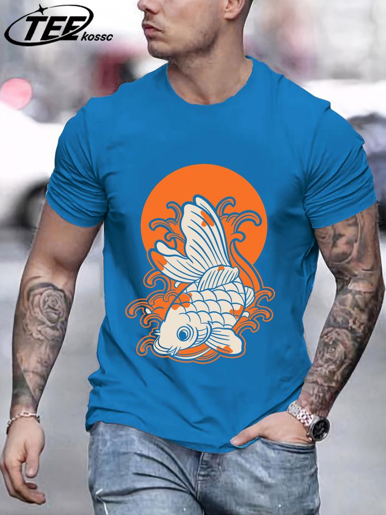 Japanese Harajuku Sunset Koi Men T Shirts Casual Hip Hop Tops Multicolor Cotton TShirt Summer Loose Male Crewneck Short Sleeve
