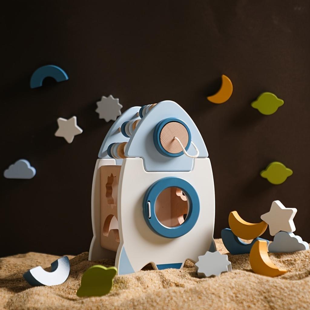 Wooden Baby Activity Toy, Space Rocket Activity Center, 5 In 1 Educational Sensory Toy, Boy's Birthday Gift, Toddler Standing Toy