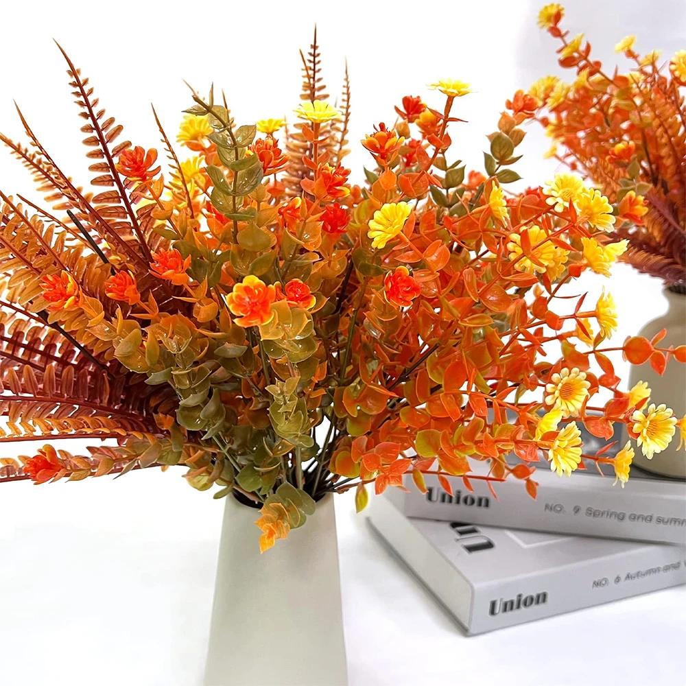Artificial Fall Flowers Outdoor Plastic Shrubs Fake Plant for Garden Home Wedding Halloween Thanksgiving Autumn Party Decoration