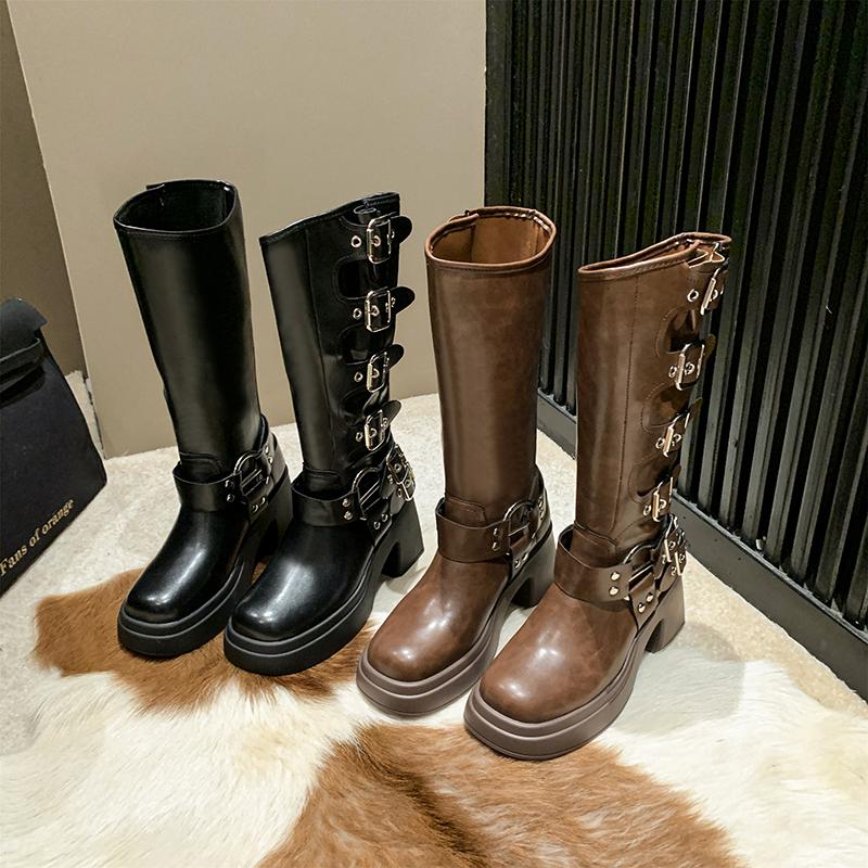 New Style Popular Woman Boots Knee High Platform Elegant Low Heel Trend Punk Gothic Rock Leather Fashionable Women's Shoes