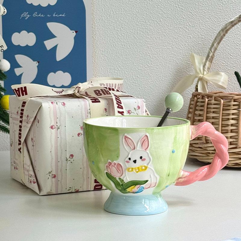 Niedlicher geprägter Häschen-Keramikkrug Unterglasurfarbe Kelch Büro Milch Frühstückstasse Geburtstagsgeschenk für Frauen