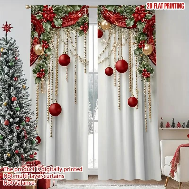 

2pcs Xmas Ornament Holly Curtains Light Filtering Decor Polyester Xmas Holiday Window Home Living Bedroom Rod Pocket 100*130 Grommet Top 1pcs