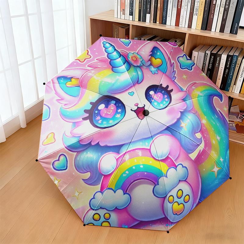 1pc Cartoon cute fantasy unicorn Umbrella Portable Folding Umbrella Iron Frame Hole Bone Structure Outdoor Home Umbrella