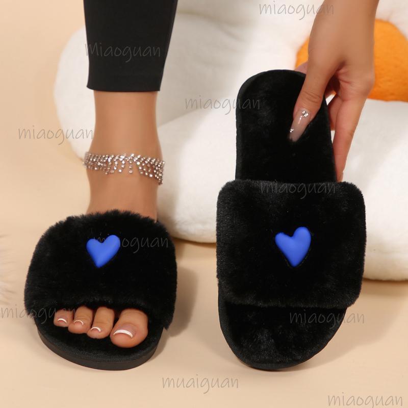Cute Heart Decoration Short Plush Indoor Slippers Women 2025 Winter Soft Thick Bottom Bedroom Slides Warm Faux Fur Slippers