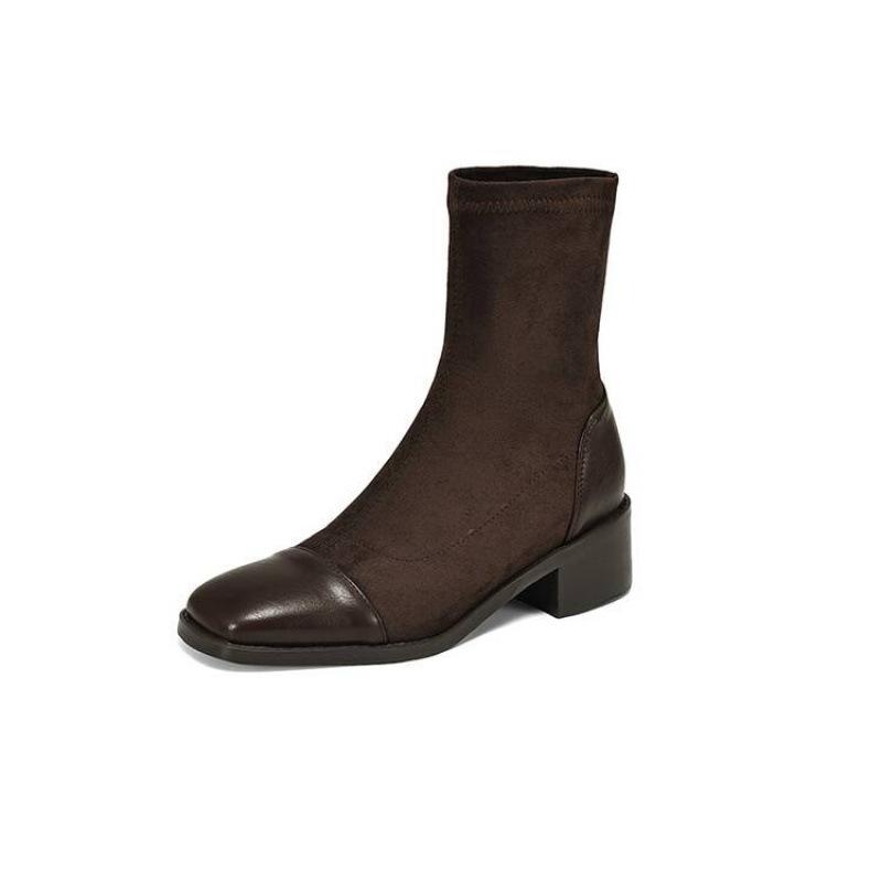 Herbst und Winter Mittelhohe Wildleder Ritterstiefel Damen Bequem Ärmel Quadratischer Absatz Lederstiefel Koreanische Version Quadratische Spitze Gummisohle Med