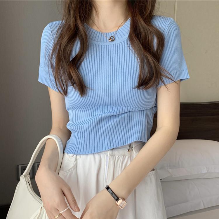 Round Neck Short-sleeved Knit Sweater Slim Thin Tide Short Paragraph Tops Female Casual Summer Essential Comfort and Style Slim Fit Pullovers Tees