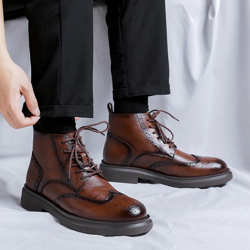 men's fashion wedding party dress genuine leather boots black brown carved brogue shoes cowboy ankle boot cool short botas male