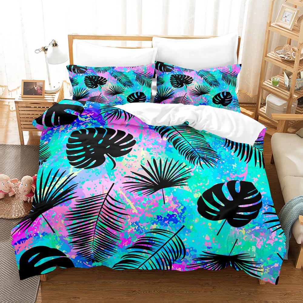 Tropical Plant Kit 3D Digital Printing Quilt Cover Flower Green Leaf Bedding Three-Piece Set