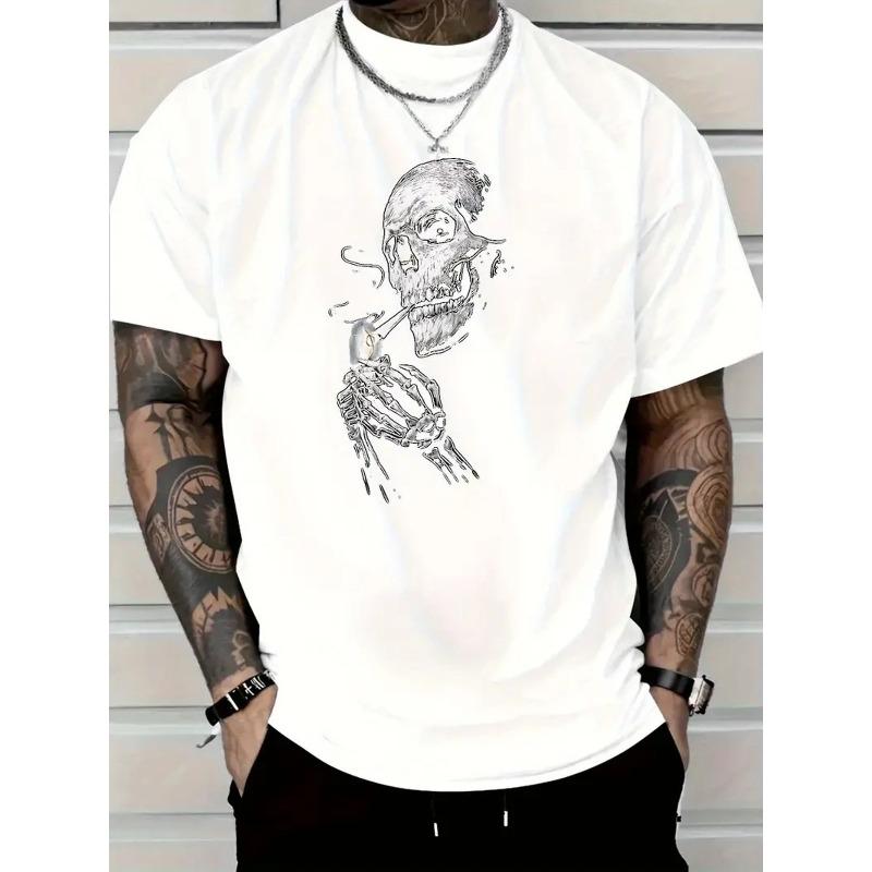 European sizes Men'S Black T-Shirt  | Casual Crew Neck, Loose Fit, Heat Transfer Printing, Perfect for Edgy Style and Weekend Casual, Short Sleeve