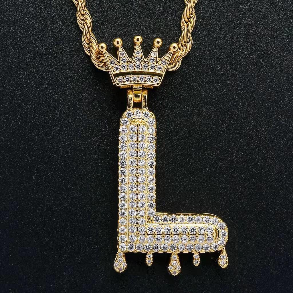 Stylish Hip Hop Zircon Crown Pendant Necklace with 26 English Letters for Women