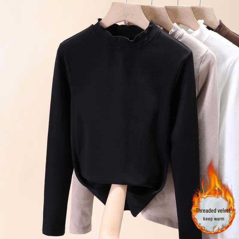 De Velvet Women's High Neck Fleece Base Layer, Plus Size Long Sleeve, Printed, Thick & Warm Top for 2025 Autumn/Winter.