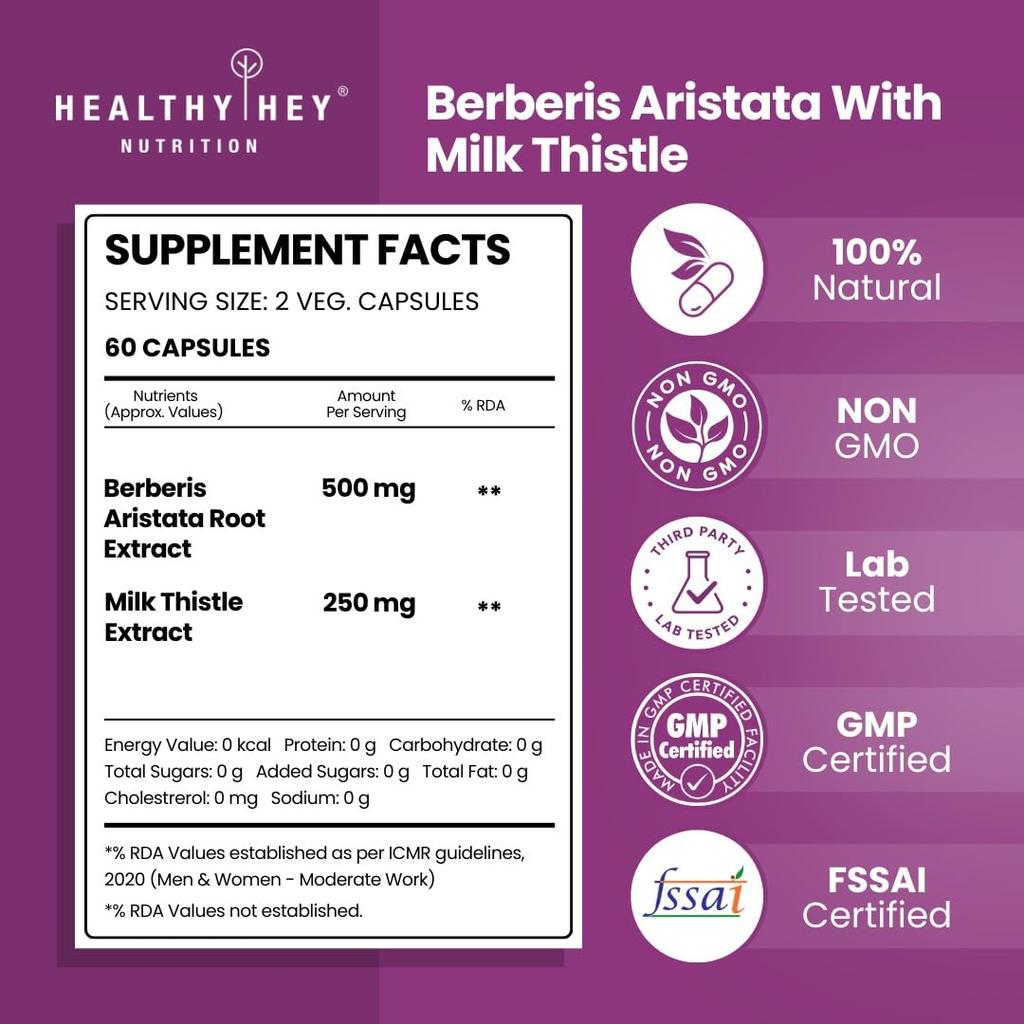 HealthyHey Berberis - Berberine 95% with milk Thistle - Support Weight Management & Healthy Glucose Levels Supplements - 750 mg Veg. 60 Capsules