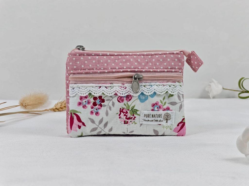 Handmade Countryside Fabric Double Zipper Coin Purse & Key Holder for Women