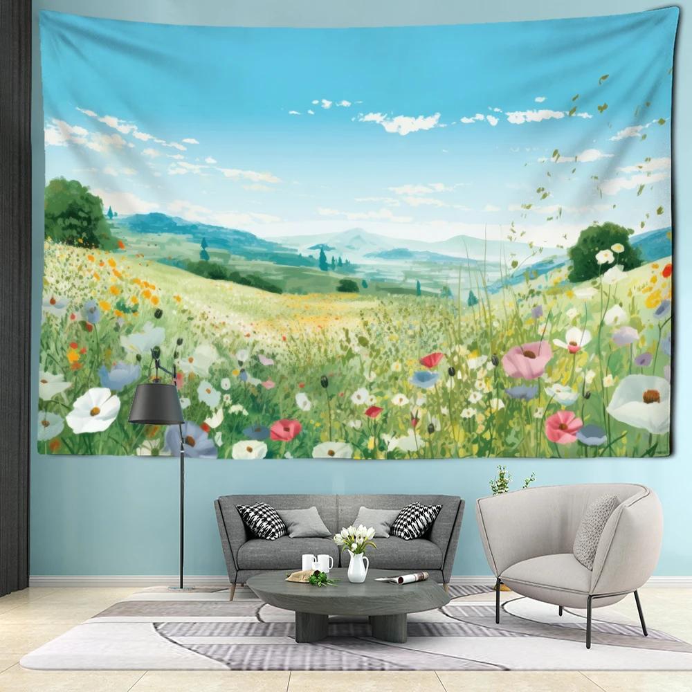 Blue Sky Grassland Flower Blossoms Tapestry Wall Hanging Simple Art Landscape Bohemian Dormitory Bedroom Home Decor