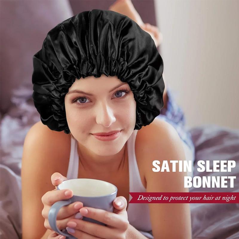 1pc Double Layer Adjustable Satin Bonnet Solid Color Elastic Button for Women Hair Hat Nightcap Silky Satin Fabric