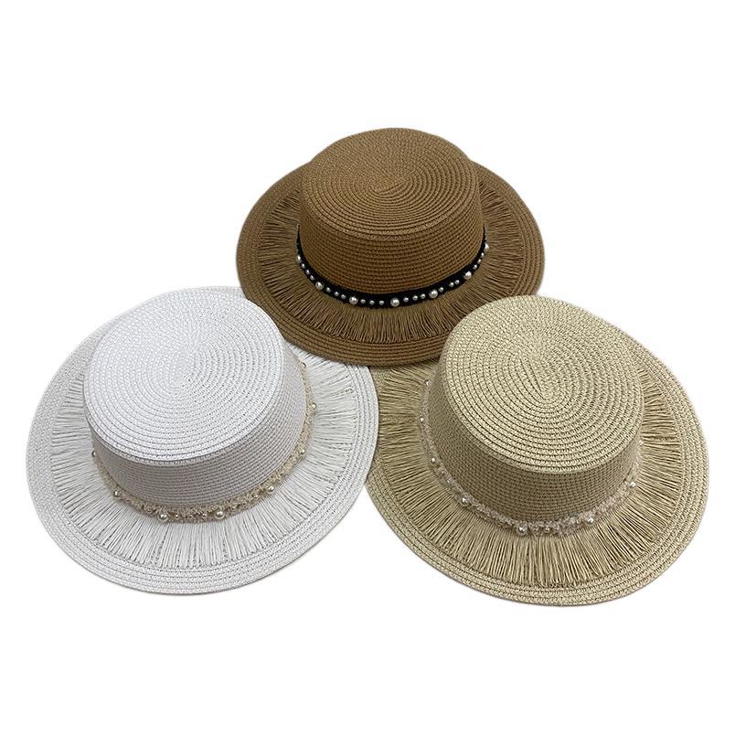 Tassel Pearl Flat Top Straw Hat Women'S Summer British Top Hat Travel Casual Sun Hat Outdoor Sun Protection Hat