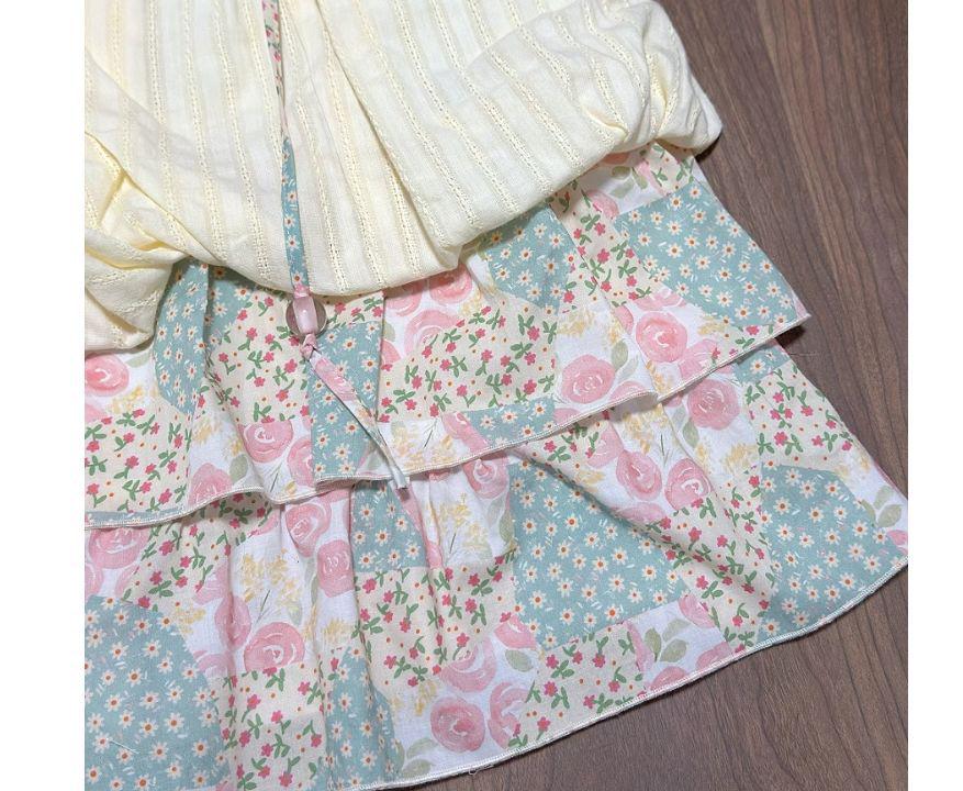 Island Style Tulip Dress with Pink and Green Floral Patchwork, Ruched Straps, Loose Fit - Women's 2025 Model