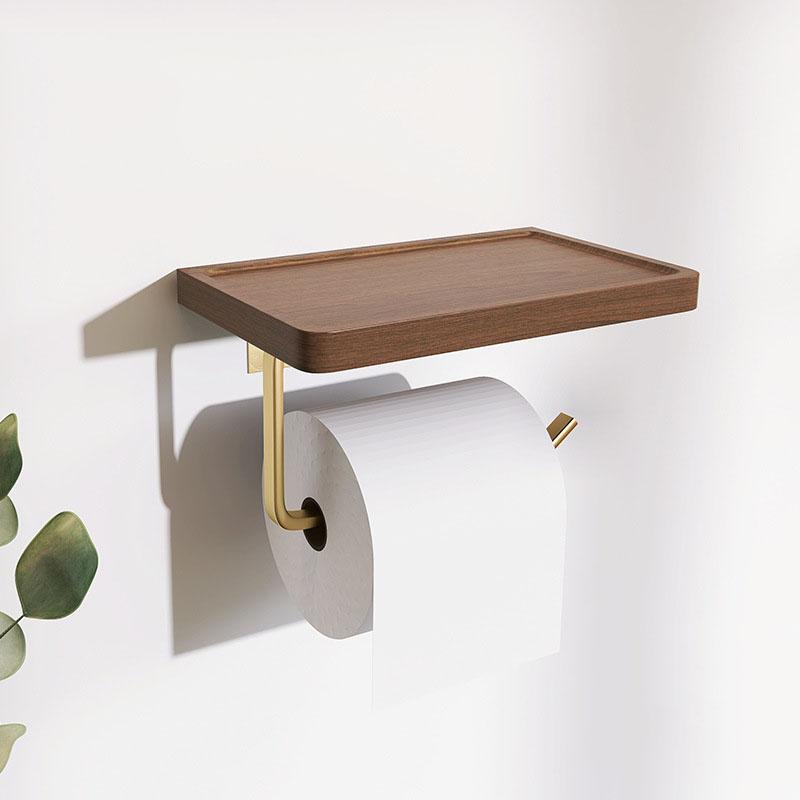 

Wood Bathroom Paper Towel Holder Brushed Gold Toilet Paper Roll Holder Wall-mounted Cell Phone Shelving Toilet Paper Box