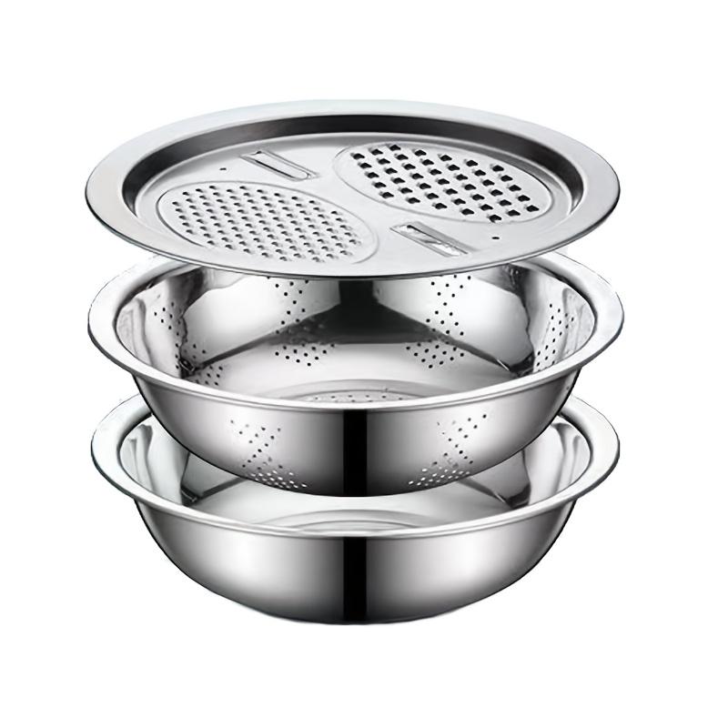 

3 Pcs Stainless Steel Kitchen Set - Grinder Filter Mixing Bowl for Fruit Vegetable Cheese серебряный
