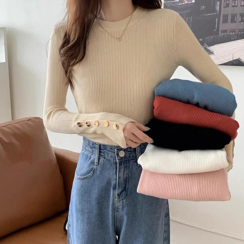 Autumn and Winter Long Sleeve Soft Knitted Women's Sweater Half High Collar Solid Bottom Pullover Sweaters Tops Ladies O Neck Casual Knitwears 24973