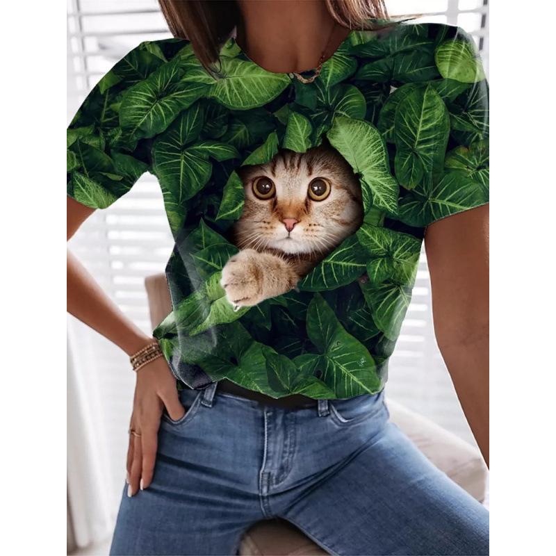 Sommer Rundhals 3D Katzenprint Top Modische Lässige Kurzarm Damen T-Shirts
