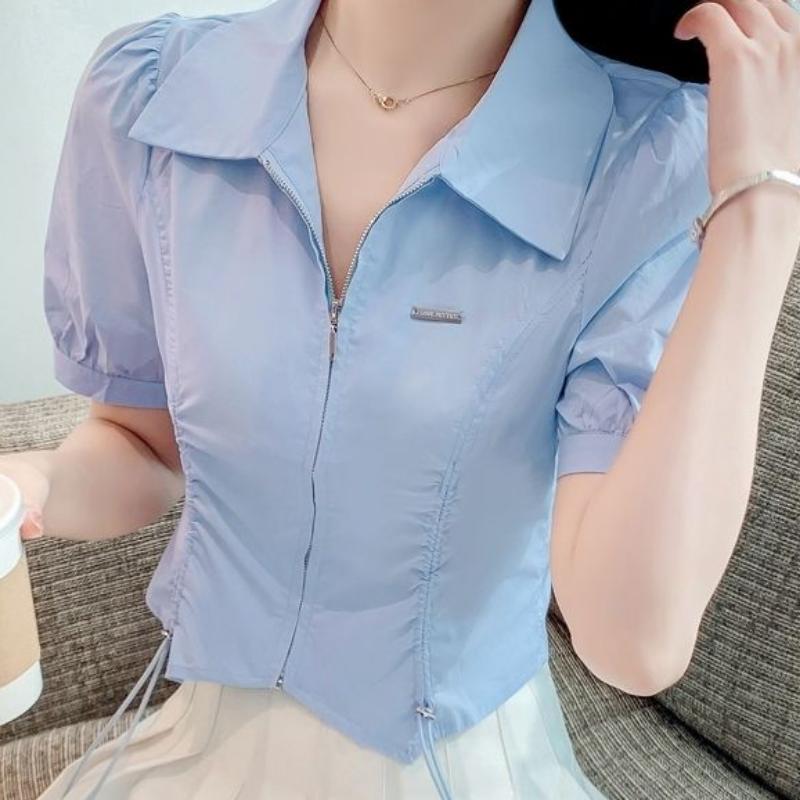 Summer Women's Bubble Sleeve Zip Cardigan Shirt Short Fashion Drawstring Waist Chic Niche Tops with Design