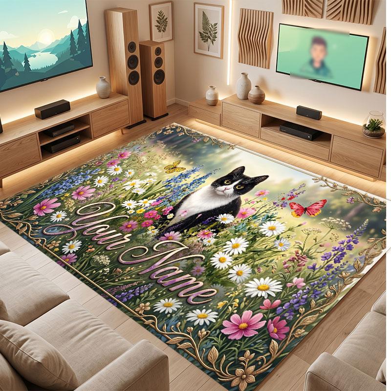 Cat Theme Crystal Velvet Floor Rug Personalized Custom Name Text Warm Carpet Home Decoration