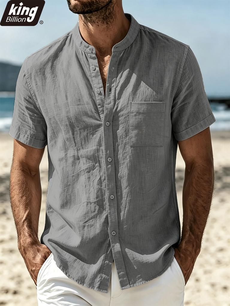 Camisa Masculina de Linho Branco com Manga Curta, Gola Mandarim, Botões Frontais, Bolso no Peito, Corte Solto, Respirável, Casual, Top para Férias na Praia