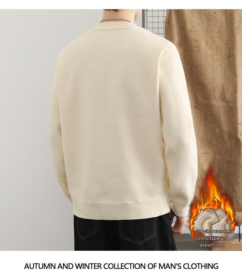 Men's Youth Velvet Thickened Wool Sweater - Embroidered, Warm, Trendy Round Neck Knitwear for Autumn and Winter