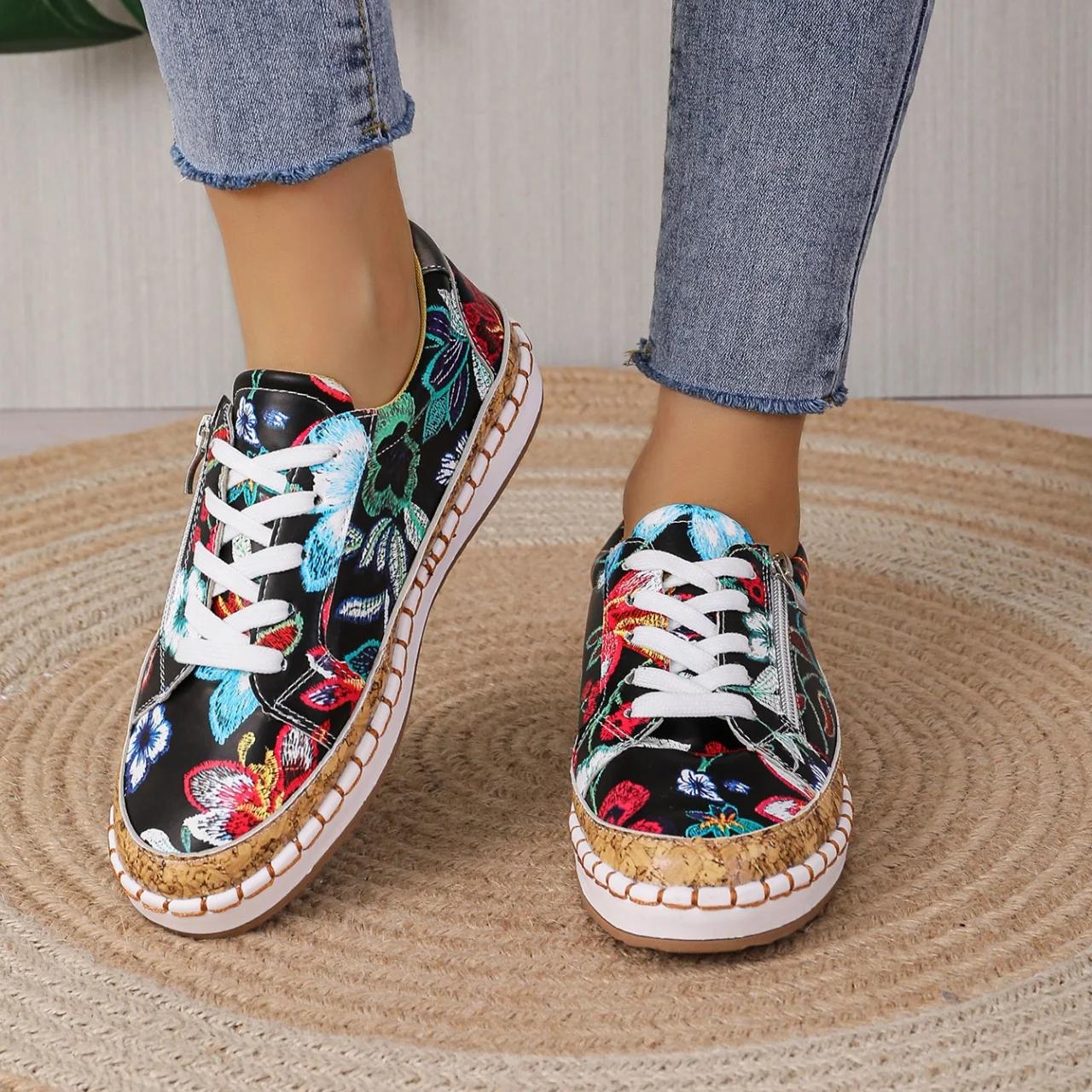 

Модные женские кроссовки Элегантные с цветочным принтом На шнуровке Плоская женская обувь Модные с круглым носком Удобные вулканизированные Повседневная обувь для женщин 36 чёрный