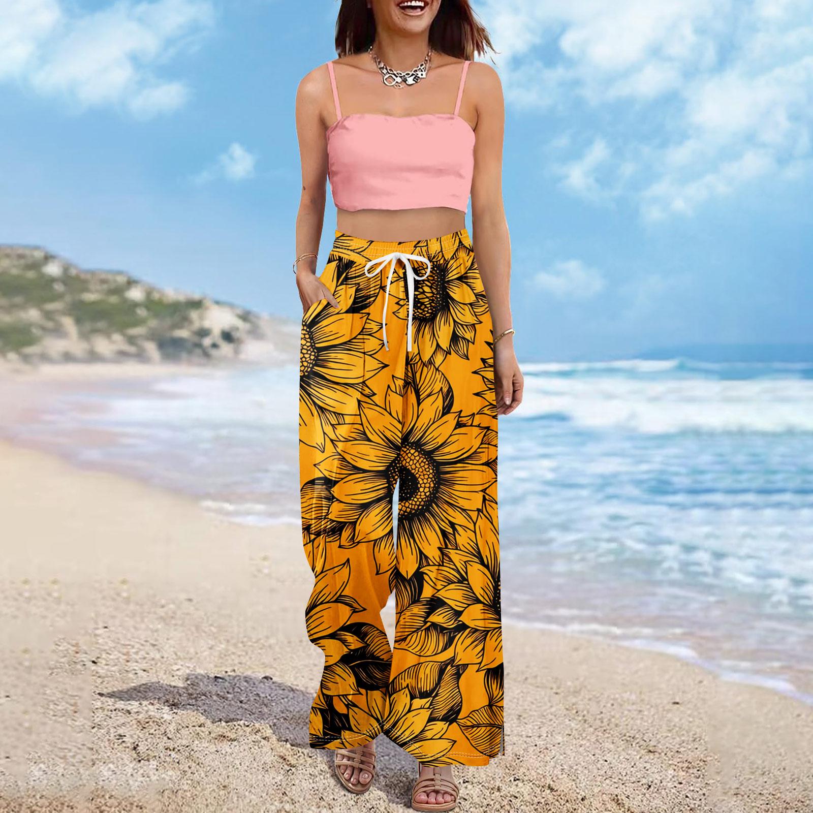

Women Summer Boho Palazzo Pants High Waist Wide Leg Floral Printing Casual Trousers With Pockets L чёрный