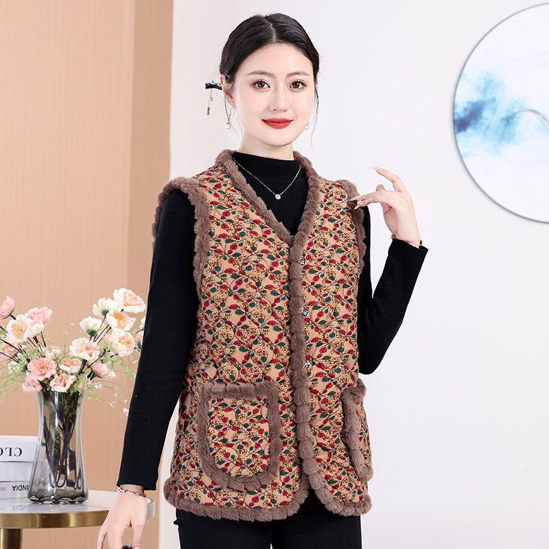 Fashion Warm Cotton Vest Women's Autumn and Winter Thickened Fleece Lining Warm Vest Age-reducing Sleeveless Vest Mother