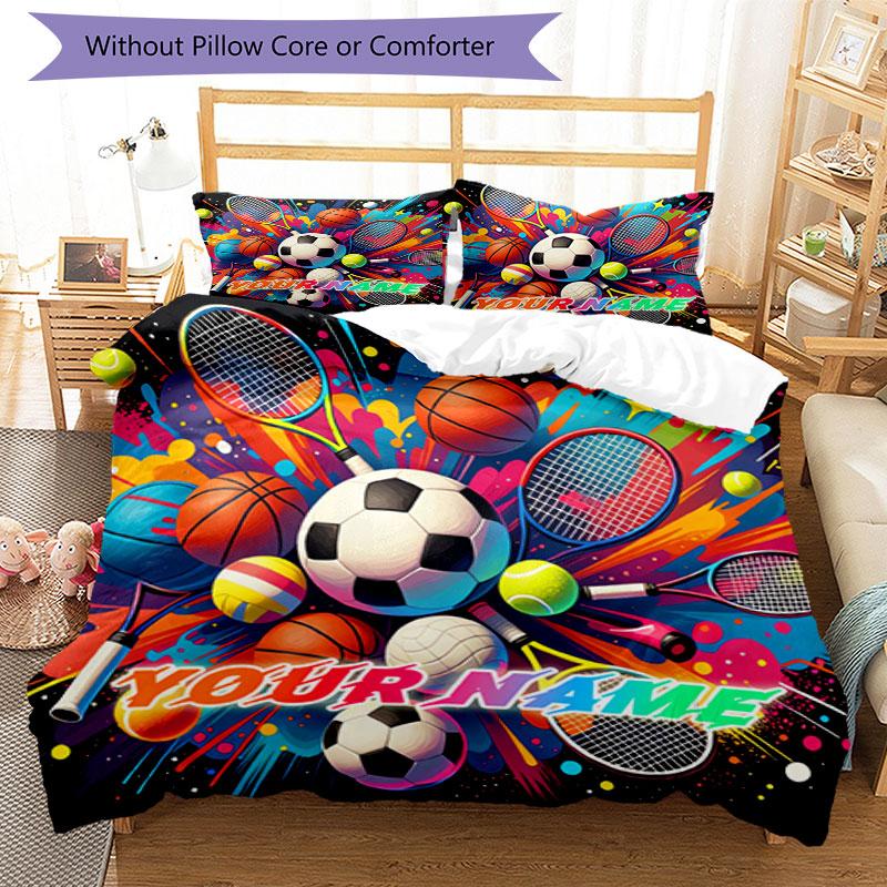 3PC Custom Name Sports Ball Celebration Bedding Set Duvet Cover Closure Includes 1 Duvet Cover & 2 Pillowcases for Bedroom