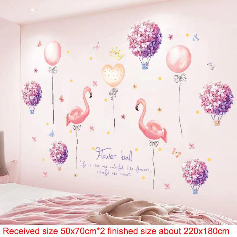 Pink Wall Sticker for Bedroom Girls, Unicorn Feather Princess Flowers Decal, Nursery Removable Wallpaper