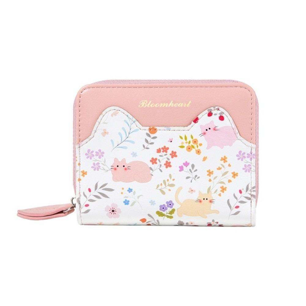 Zipper Closure Cat Floral Print Wallet PU Leather Coin Purse Cute Style Short Wallet For Girls розовый