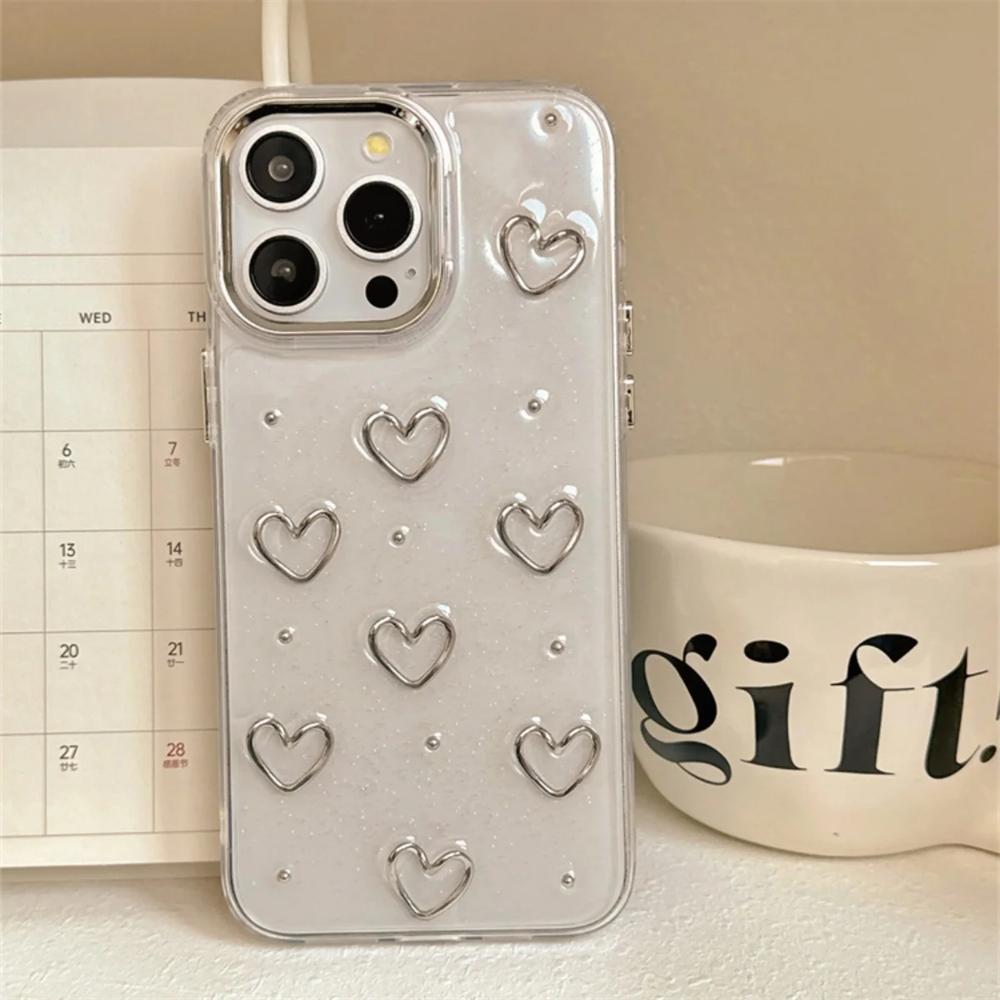 Korea Niedliche Metall-Liebesherz-Epoxid-Glitzer-Handyhülle Für iPhone 17 Air 16E 15 14 13 12 11 Pro Max 14 Plus Mädchen Bling Klare Hüllen