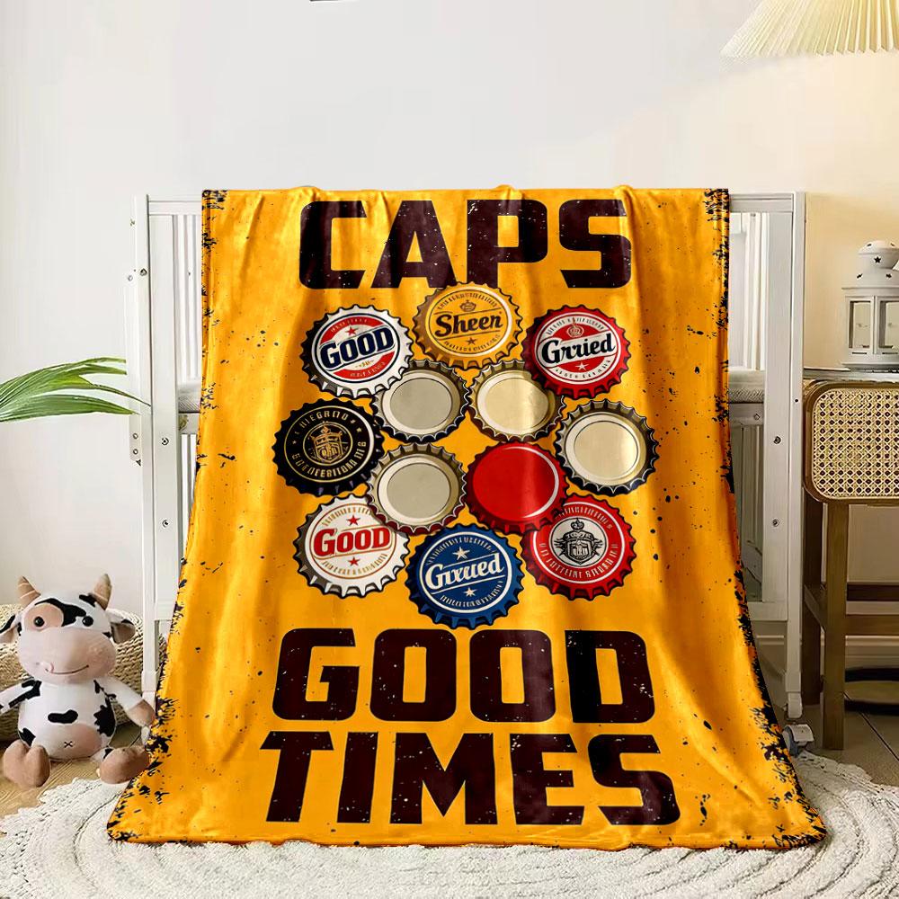 

Bottle caps arranged in a circular cluster on a yellow background. for all seasons blanket lunch break throw gift 80cm x 120cm
