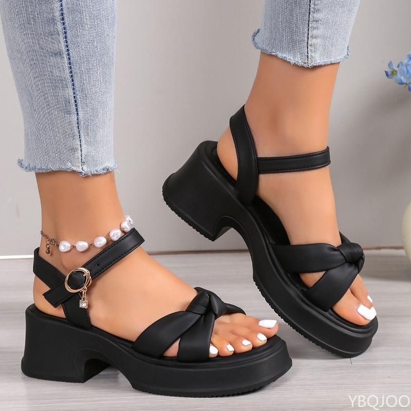 Summer 2026 New Solid Pleated Open Toe Fashionable Women Shoes Ladies Shoes One-word Buckle High Heels Women Water Proof Sandals