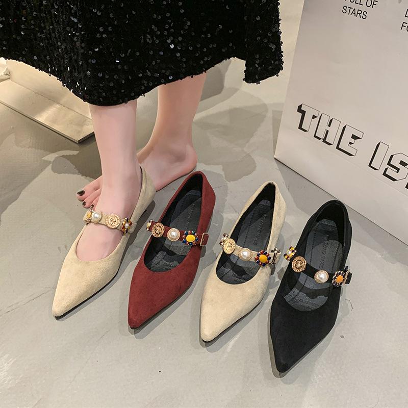 French Pointed Head Shallow Mouth Single Shoes Women's 2025 New Spring and Autumn Retro Suede Mary Jane Women's Shoes with Skirt High Heels