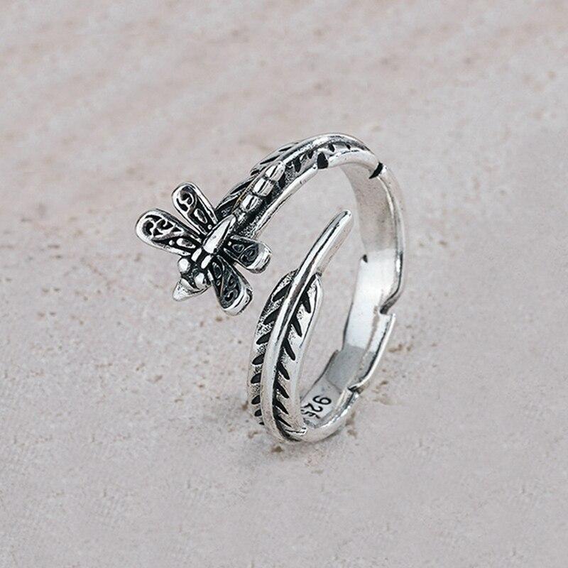 Silver Color Retro Dragonfly Leaf Ring For Women Simple Party Jewelry Gift  New Dropshipping